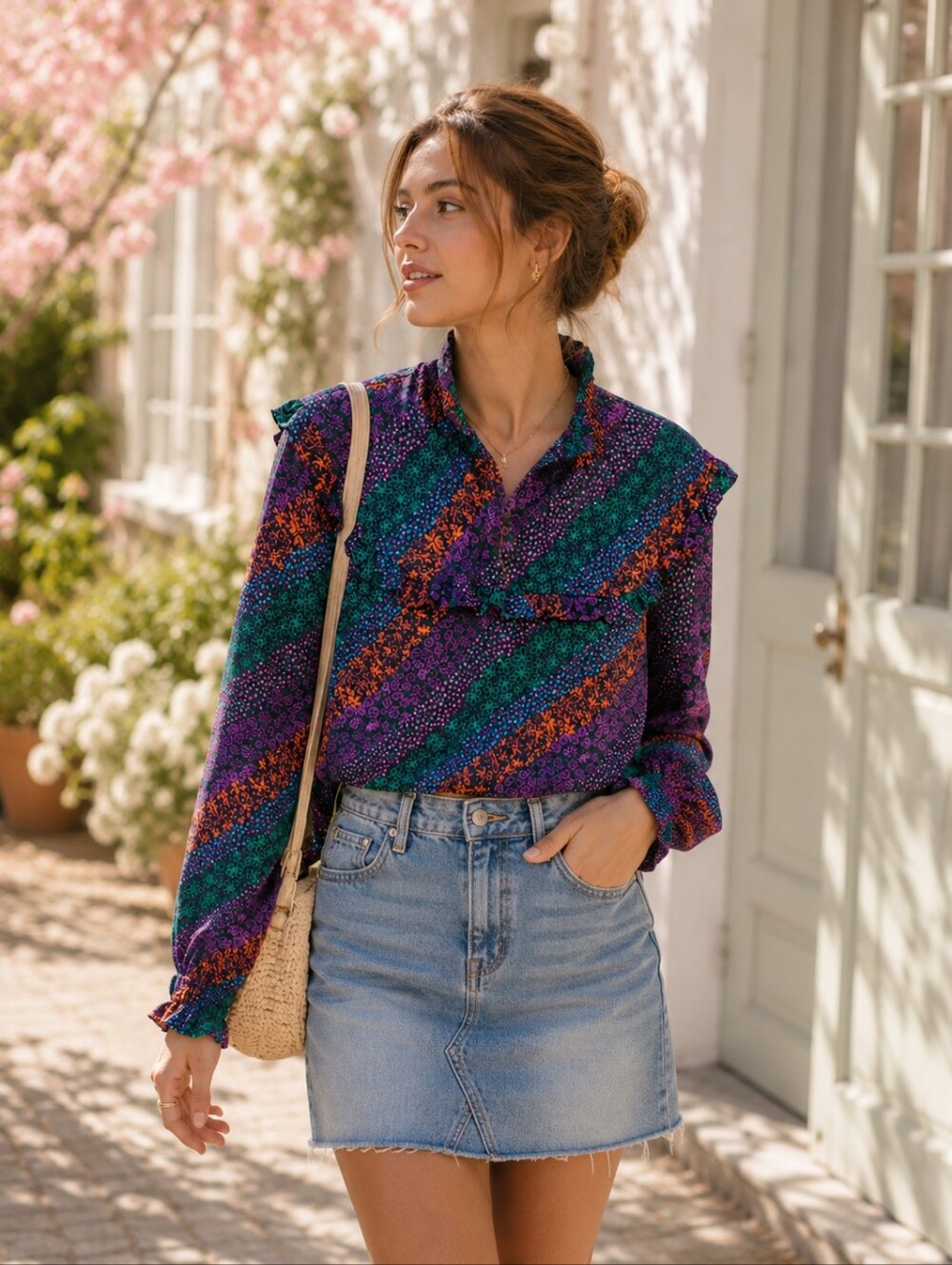 NWT FRNCH Paris Purple Green Orange Floral Stripe Ruffle Mock Neck Blouse Boho